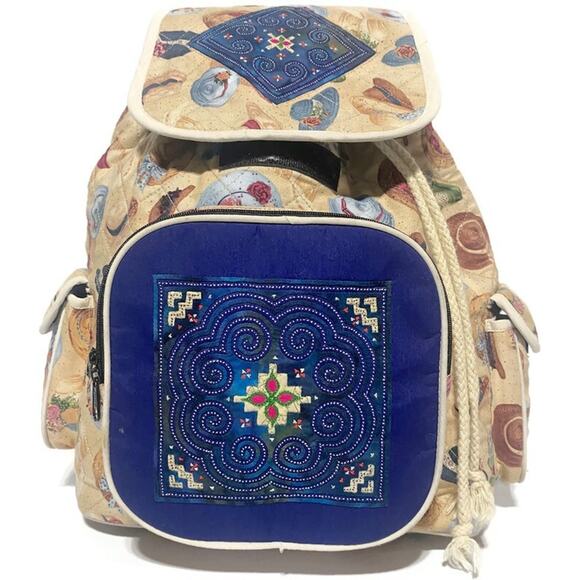 Quilted Ladies Backpack With Bonnet Hats Brown and Blue 13 x 14 - Picture 1 of 11